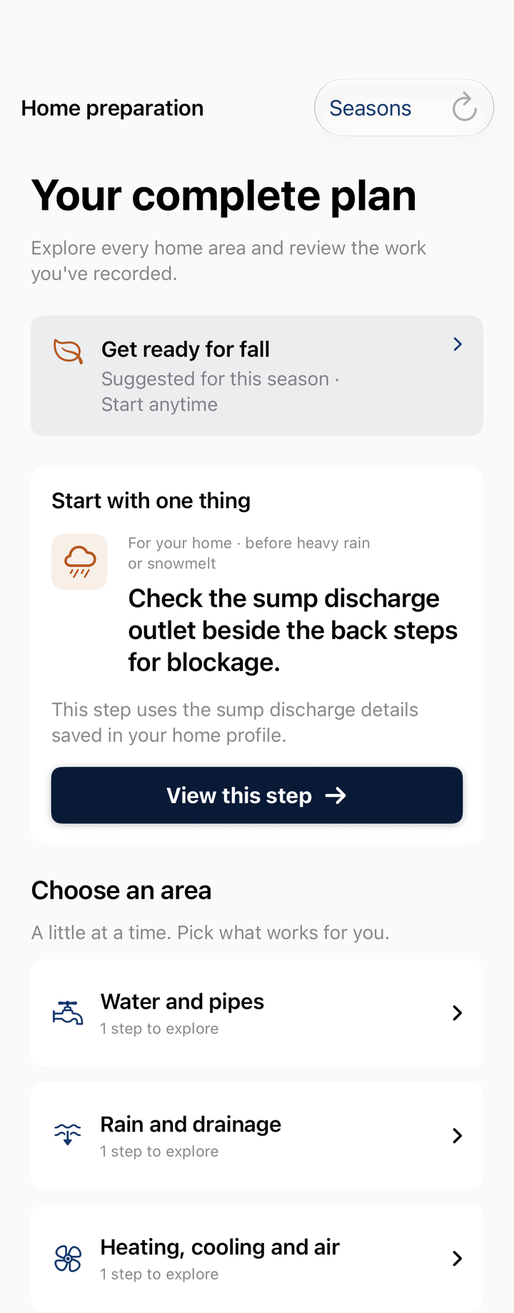 HomeGuard Home preparation screen: Your complete plan, with a first step to check the sump discharge outlet and areas for water and pipes, rain and drainage, and heating, cooling and air.