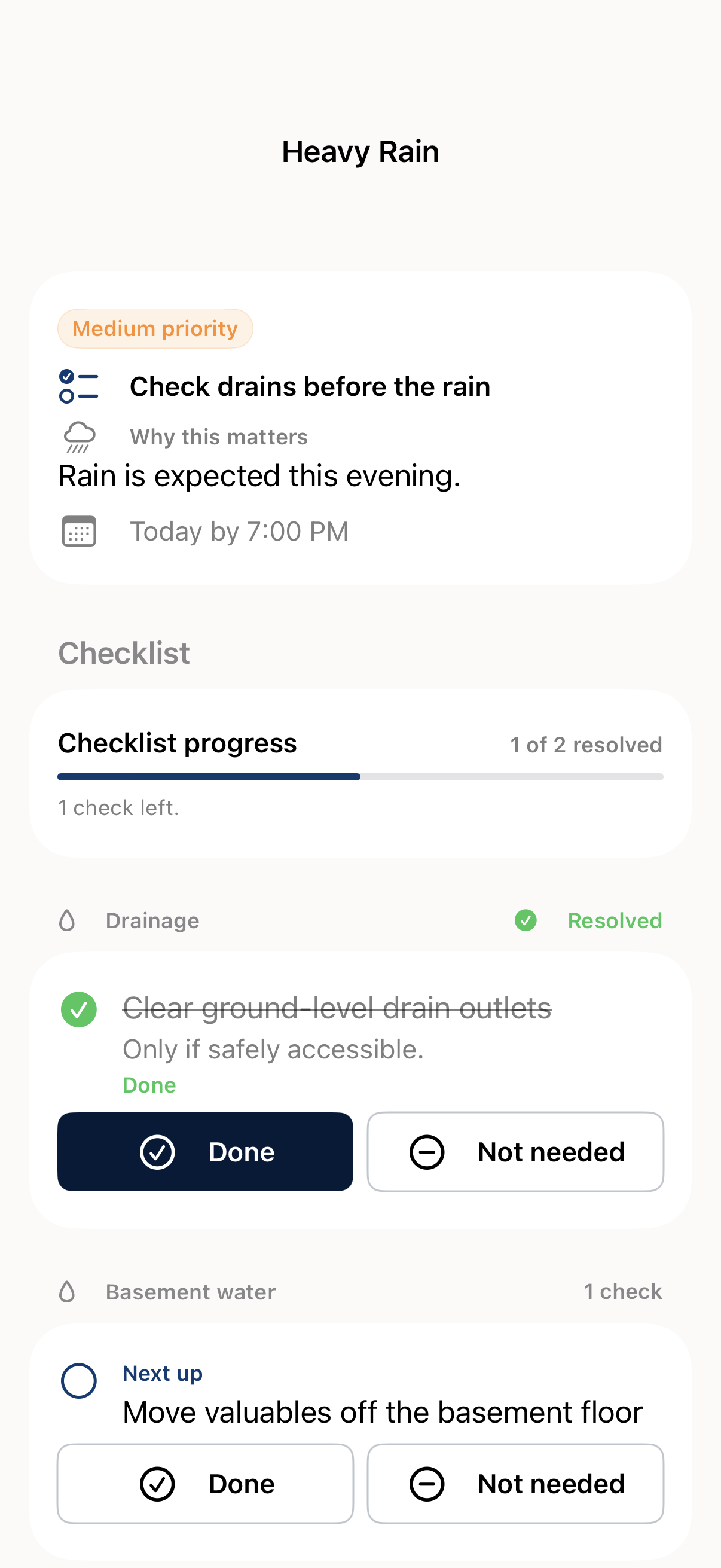 HomeGuard checklist: Check drains before the rain, with progress, a basement valuables check, and Done or Not needed options.