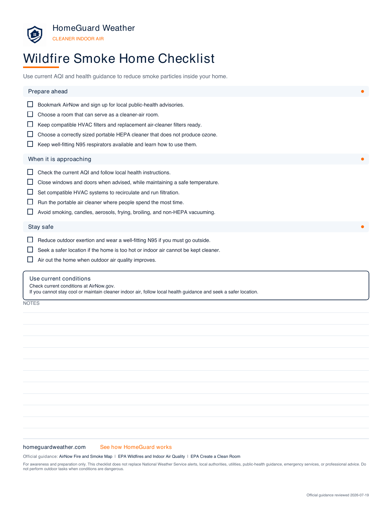 Preview of the Wildfire Smoke Home Checklist
